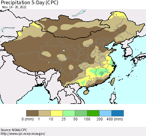 China, Mongolia and Taiwan Precipitation 5-Day (CPC) Thematic Map For 11/16/2022 - 11/20/2022
