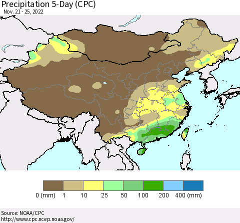China, Mongolia and Taiwan Precipitation 5-Day (CPC) Thematic Map For 11/21/2022 - 11/25/2022