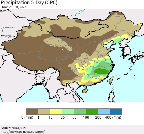 China, Mongolia and Taiwan Precipitation 5-Day (CPC) Thematic Map For 11/26/2022 - 11/30/2022