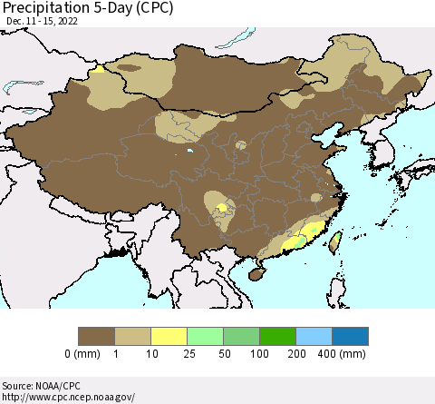 China, Mongolia and Taiwan Precipitation 5-Day (CPC) Thematic Map For 12/11/2022 - 12/15/2022