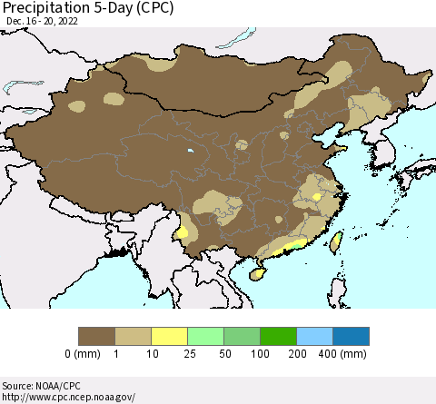 China, Mongolia and Taiwan Precipitation 5-Day (CPC) Thematic Map For 12/16/2022 - 12/20/2022