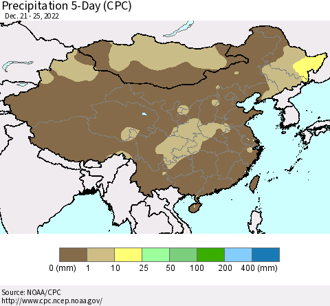 China, Mongolia and Taiwan Precipitation 5-Day (CPC) Thematic Map For 12/21/2022 - 12/25/2022