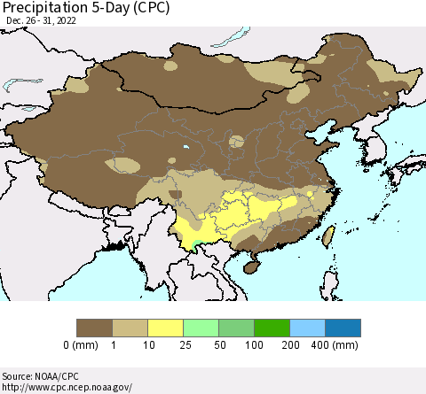 China, Mongolia and Taiwan Precipitation 5-Day (CPC) Thematic Map For 12/26/2022 - 12/31/2022
