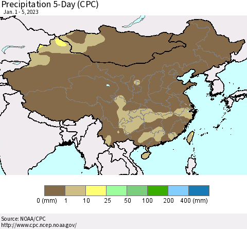 China, Mongolia and Taiwan Precipitation 5-Day (CPC) Thematic Map For 1/1/2023 - 1/5/2023