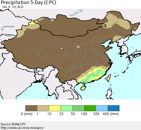 China, Mongolia and Taiwan Precipitation 5-Day (CPC) Thematic Map For 1/6/2023 - 1/10/2023