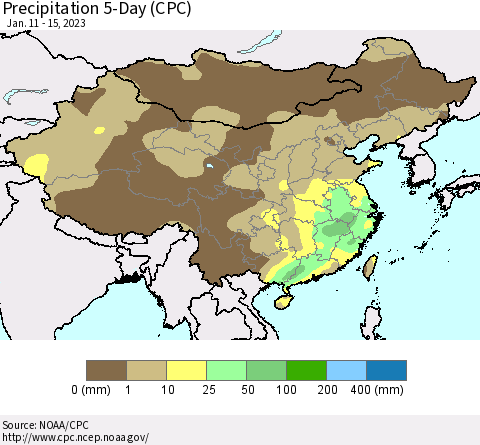 China, Mongolia and Taiwan Precipitation 5-Day (CPC) Thematic Map For 1/11/2023 - 1/15/2023