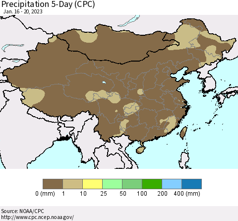 China, Mongolia and Taiwan Precipitation 5-Day (CPC) Thematic Map For 1/16/2023 - 1/20/2023