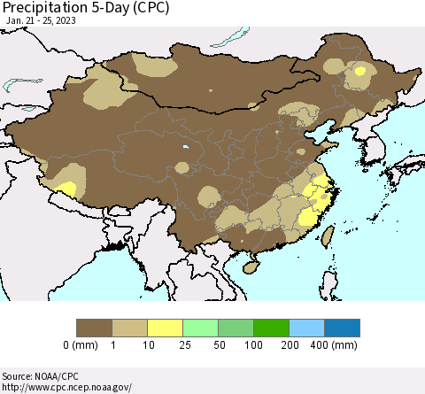 China, Mongolia and Taiwan Precipitation 5-Day (CPC) Thematic Map For 1/21/2023 - 1/25/2023