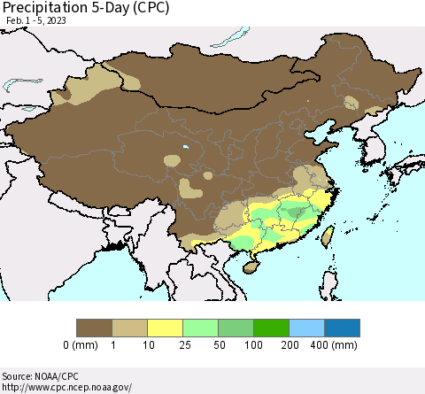 China, Mongolia and Taiwan Precipitation 5-Day (CPC) Thematic Map For 2/1/2023 - 2/5/2023