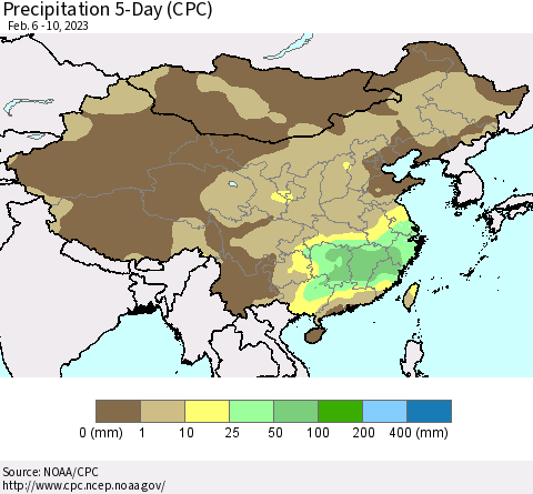 China, Mongolia and Taiwan Precipitation 5-Day (CPC) Thematic Map For 2/6/2023 - 2/10/2023