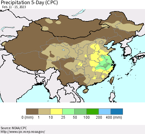 China, Mongolia and Taiwan Precipitation 5-Day (CPC) Thematic Map For 2/11/2023 - 2/15/2023