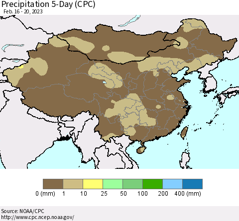 China, Mongolia and Taiwan Precipitation 5-Day (CPC) Thematic Map For 2/16/2023 - 2/20/2023