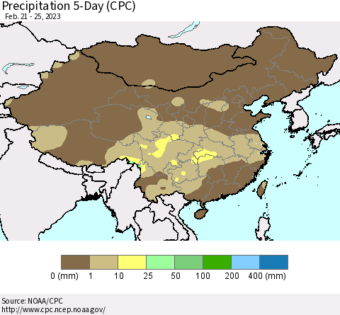 China, Mongolia and Taiwan Precipitation 5-Day (CPC) Thematic Map For 2/21/2023 - 2/25/2023