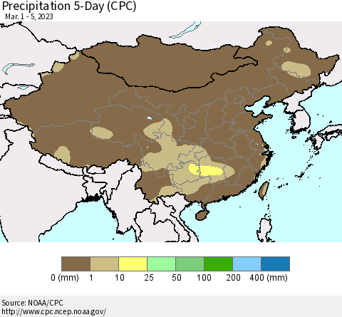 China, Mongolia and Taiwan Precipitation 5-Day (CPC) Thematic Map For 3/1/2023 - 3/5/2023