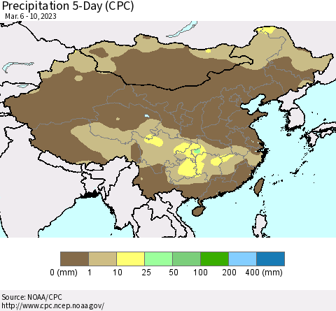 China, Mongolia and Taiwan Precipitation 5-Day (CPC) Thematic Map For 3/6/2023 - 3/10/2023