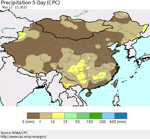China, Mongolia and Taiwan Precipitation 5-Day (CPC) Thematic Map For 3/11/2023 - 3/15/2023