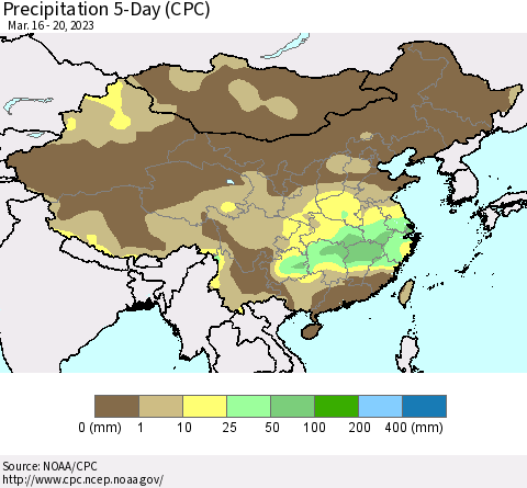 China, Mongolia and Taiwan Precipitation 5-Day (CPC) Thematic Map For 3/16/2023 - 3/20/2023