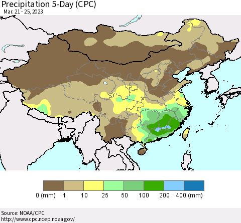 China, Mongolia and Taiwan Precipitation 5-Day (CPC) Thematic Map For 3/21/2023 - 3/25/2023