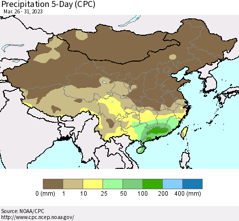 China, Mongolia and Taiwan Precipitation 5-Day (CPC) Thematic Map For 3/26/2023 - 3/31/2023