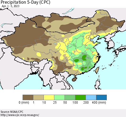 China, Mongolia and Taiwan Precipitation 5-Day (CPC) Thematic Map For 4/1/2023 - 4/5/2023
