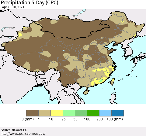 China, Mongolia and Taiwan Precipitation 5-Day (CPC) Thematic Map For 4/6/2023 - 4/10/2023