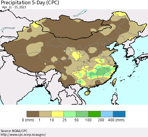 China, Mongolia and Taiwan Precipitation 5-Day (CPC) Thematic Map For 4/11/2023 - 4/15/2023