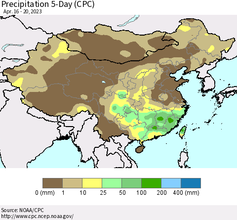 China, Mongolia and Taiwan Precipitation 5-Day (CPC) Thematic Map For 4/16/2023 - 4/20/2023