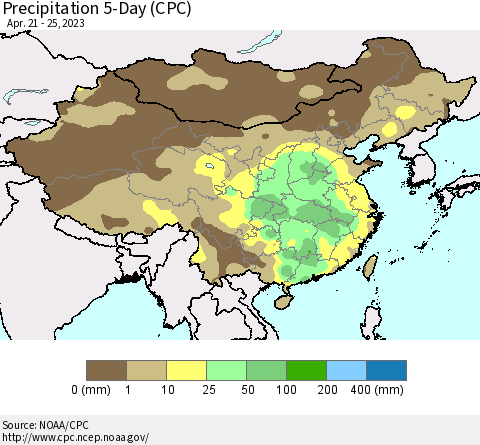 China, Mongolia and Taiwan Precipitation 5-Day (CPC) Thematic Map For 4/21/2023 - 4/25/2023