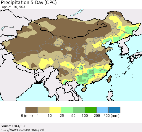 China, Mongolia and Taiwan Precipitation 5-Day (CPC) Thematic Map For 4/26/2023 - 4/30/2023