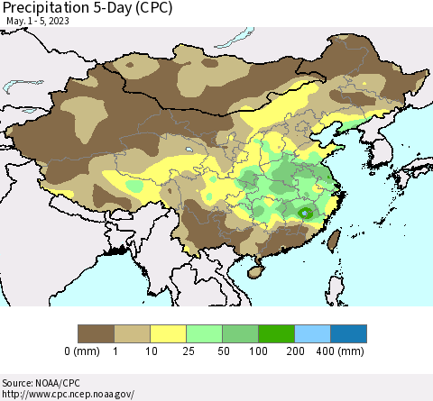 China, Mongolia and Taiwan Precipitation 5-Day (CPC) Thematic Map For 5/1/2023 - 5/5/2023