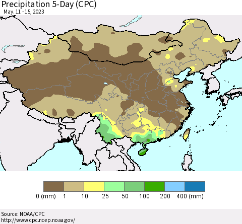 China, Mongolia and Taiwan Precipitation 5-Day (CPC) Thematic Map For 5/11/2023 - 5/15/2023