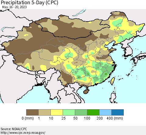 China, Mongolia and Taiwan Precipitation 5-Day (CPC) Thematic Map For 5/16/2023 - 5/20/2023