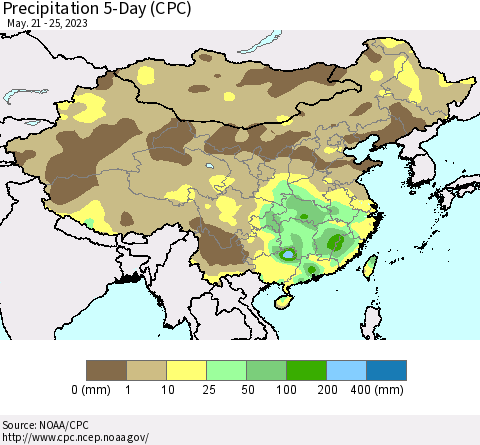 China, Mongolia and Taiwan Precipitation 5-Day (CPC) Thematic Map For 5/21/2023 - 5/25/2023