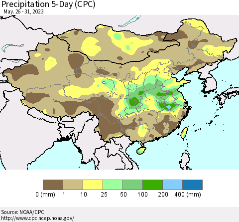 China, Mongolia and Taiwan Precipitation 5-Day (CPC) Thematic Map For 5/26/2023 - 5/31/2023