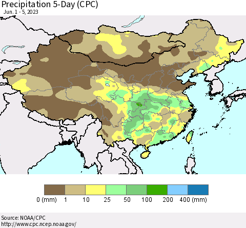 China, Mongolia and Taiwan Precipitation 5-Day (CPC) Thematic Map For 6/1/2023 - 6/5/2023