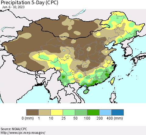 China, Mongolia and Taiwan Precipitation 5-Day (CPC) Thematic Map For 6/6/2023 - 6/10/2023