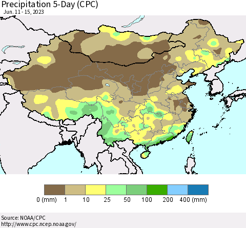 China, Mongolia and Taiwan Precipitation 5-Day (CPC) Thematic Map For 6/11/2023 - 6/15/2023