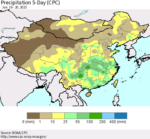 China, Mongolia and Taiwan Precipitation 5-Day (CPC) Thematic Map For 6/16/2023 - 6/20/2023