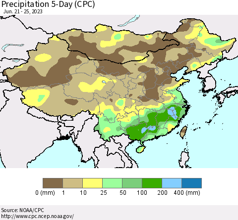 China, Mongolia and Taiwan Precipitation 5-Day (CPC) Thematic Map For 6/21/2023 - 6/25/2023