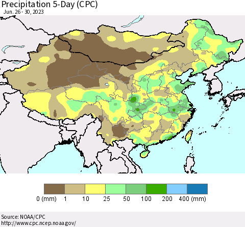 China, Mongolia and Taiwan Precipitation 5-Day (CPC) Thematic Map For 6/26/2023 - 6/30/2023