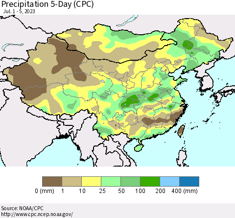 China, Mongolia and Taiwan Precipitation 5-Day (CPC) Thematic Map For 7/1/2023 - 7/5/2023