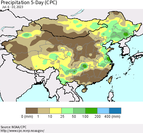 China, Mongolia and Taiwan Precipitation 5-Day (CPC) Thematic Map For 7/6/2023 - 7/10/2023