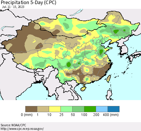 China, Mongolia and Taiwan Precipitation 5-Day (CPC) Thematic Map For 7/11/2023 - 7/15/2023