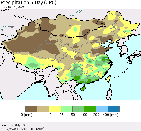 China, Mongolia and Taiwan Precipitation 5-Day (CPC) Thematic Map For 7/16/2023 - 7/20/2023