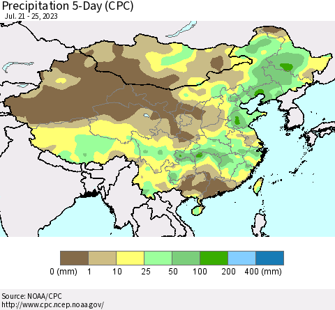 China, Mongolia and Taiwan Precipitation 5-Day (CPC) Thematic Map For 7/21/2023 - 7/25/2023