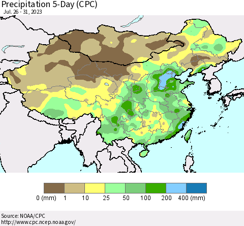 China, Mongolia and Taiwan Precipitation 5-Day (CPC) Thematic Map For 7/26/2023 - 7/31/2023