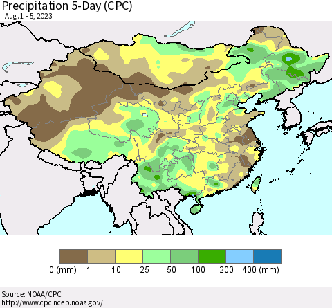 China, Mongolia and Taiwan Precipitation 5-Day (CPC) Thematic Map For 8/1/2023 - 8/5/2023