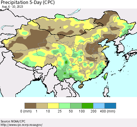 China, Mongolia and Taiwan Precipitation 5-Day (CPC) Thematic Map For 8/6/2023 - 8/10/2023
