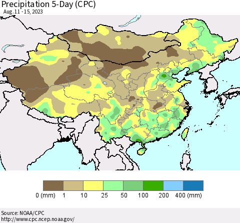 China, Mongolia and Taiwan Precipitation 5-Day (CPC) Thematic Map For 8/11/2023 - 8/15/2023