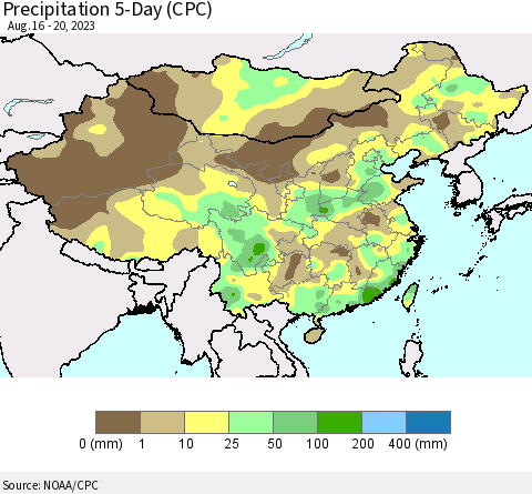 China, Mongolia and Taiwan Precipitation 5-Day (CPC) Thematic Map For 8/16/2023 - 8/20/2023
